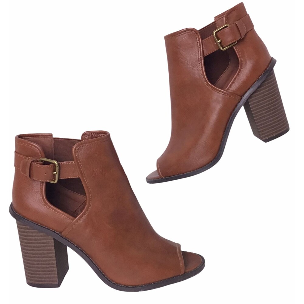 Open Toe Ankle Boots Womens Size 8.5 Booties Stacked Heel Brown Forever 21